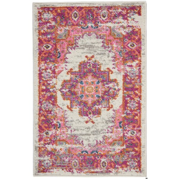 Homeroots 2 x 3 ft. Ivory & Fuchsia Distressed Scatter Area Rug - 385319
