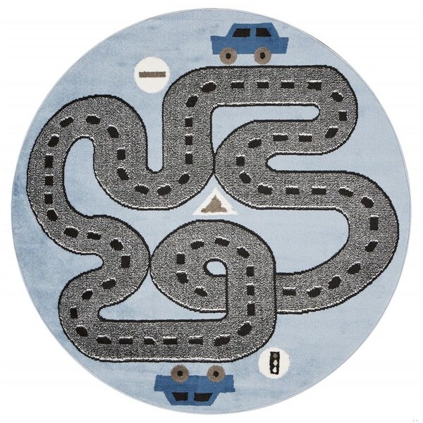 Homeroots 5 ft. Round Blue Imaginative Racetrack Area Rug - 396315