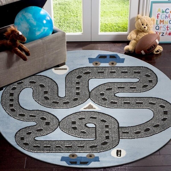 Homeroots 5 ft. Round Blue Imaginative Racetrack Area Rug - 396315