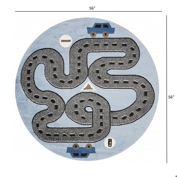 Homeroots 5 ft. Round Blue Imaginative Racetrack Area Rug - 396315