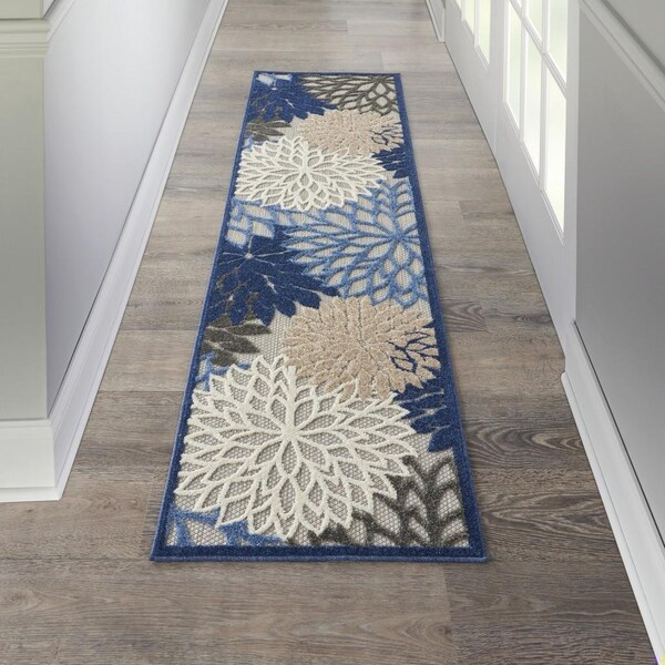 Homeroots 2 x 8 ft. Blue & Multi Color Large Floral Indoor & Outdoor Runner Rug - 384814