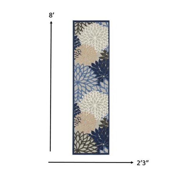 Homeroots 2 x 8 ft. Blue & Multi Color Large Floral Indoor & Outdoor Runner Rug - 384814