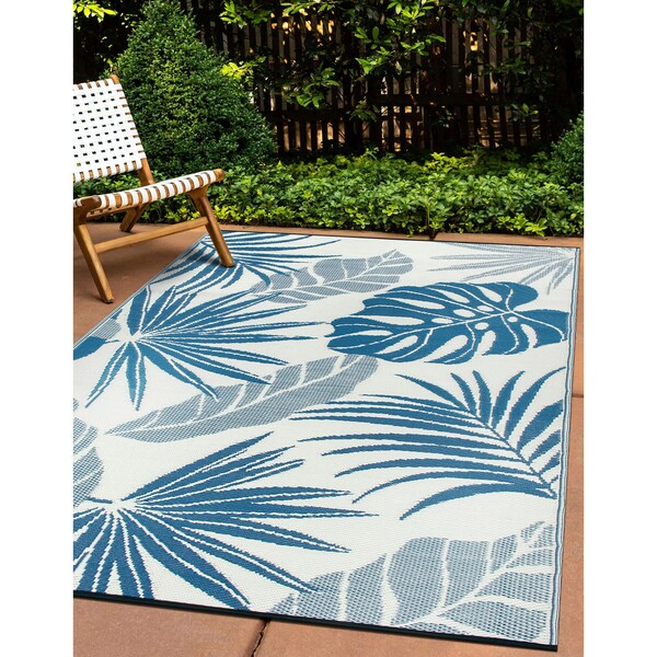 World Rug Gallery Tropical Floral Leaf Reversible Recycled Plastic 5' X 7' Navy Outdoor Rug - 6067NAVY5X7