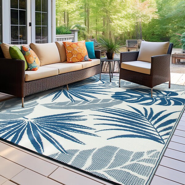 World Rug Gallery Tropical Floral Leaf Reversible Recycled Plastic 5' X 7' Navy Outdoor Rug - 6067NAVY5X7