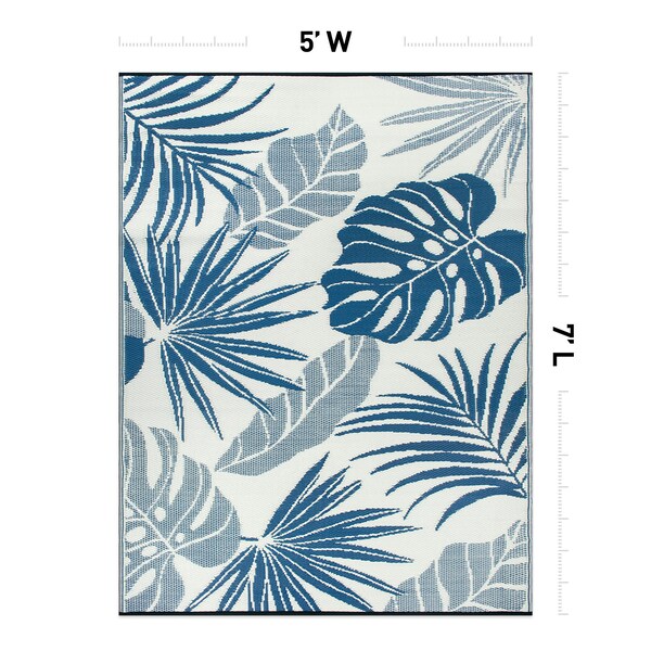 World Rug Gallery Tropical Floral Leaf Reversible Recycled Plastic 5' X 7' Navy Outdoor Rug - 6067NAVY5X7