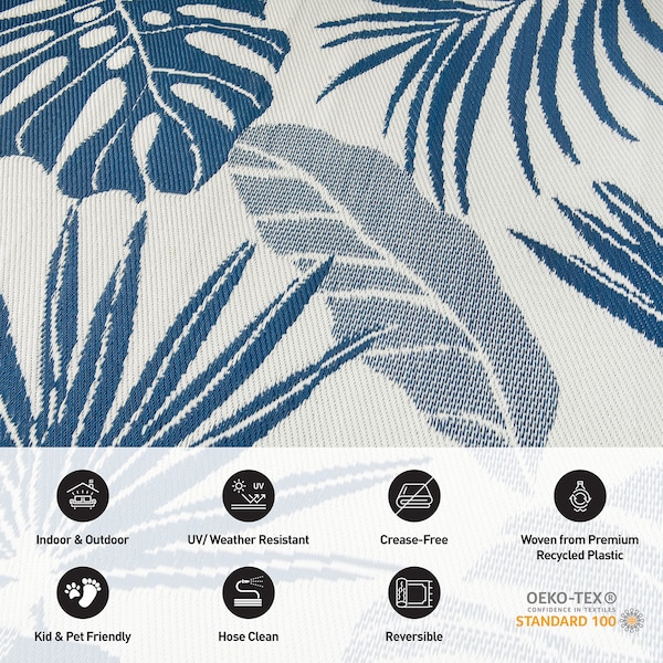 World Rug Gallery Tropical Floral Leaf Reversible Recycled Plastic 5' X 7' Navy Outdoor Rug - 6067NAVY5X7