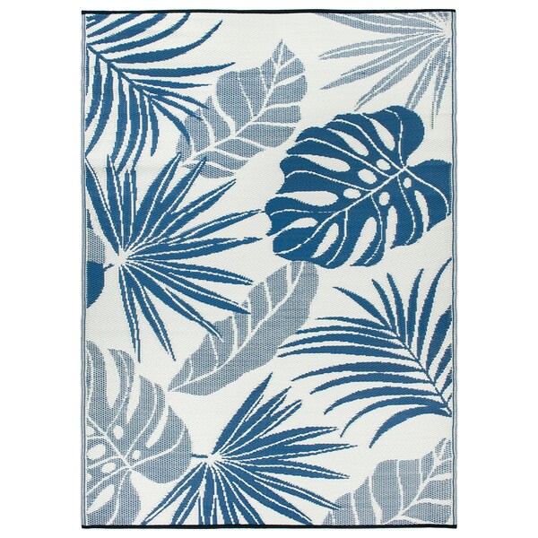 World Rug Gallery Tropical Floral Leaf Reversible Recycled Plastic 5' X 7' Navy Outdoor Rug - 6067NAVY5X7