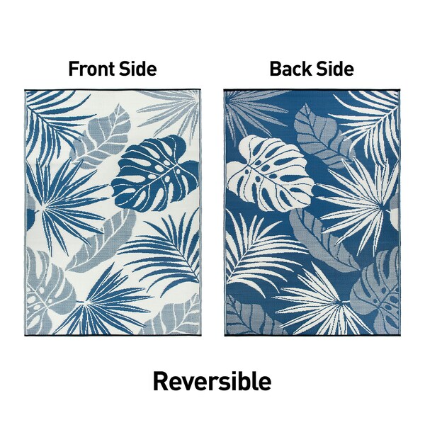 World Rug Gallery Tropical Floral Leaf Reversible Recycled Plastic 5' X 7' Navy Outdoor Rug - 6067NAVY5X7