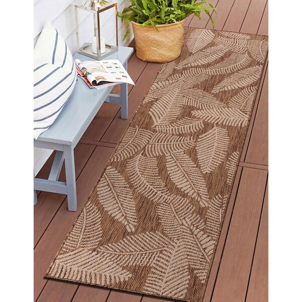 World Rug Gallery Distressed Palm Leaves Textured Flat Weave Indoor/Outdoor Area Rug 2' x 7' Brown - 114BROWN2X7