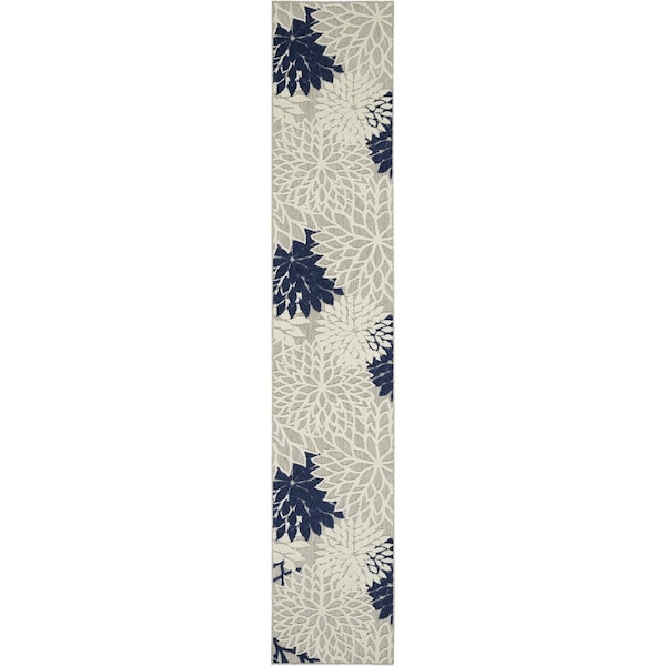 Homeroots 2 x 10 ft. Ivory & Navy Indoor & Outdoor Runner Rug - 384827