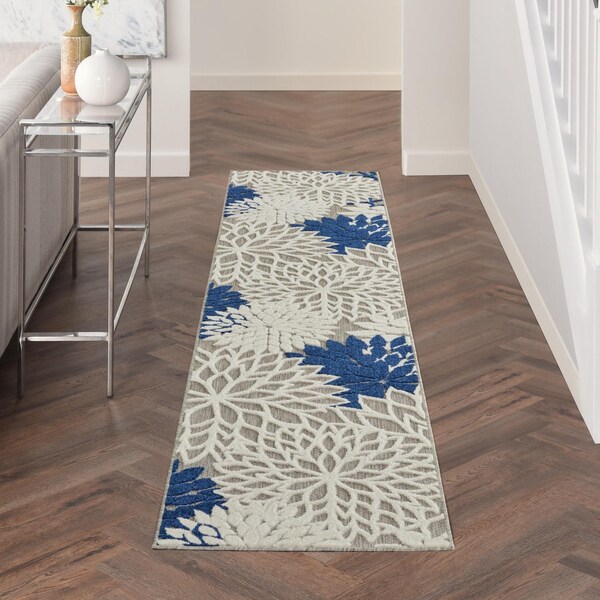 Homeroots 2 x 10 ft. Ivory & Navy Indoor & Outdoor Runner Rug - 384827