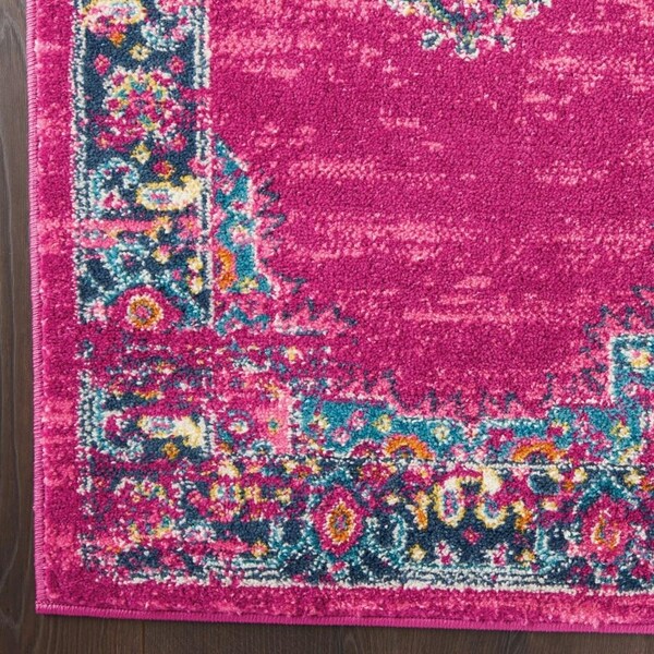 Homeroots 2 x 10 ft. Fuchsia & Blue Distressed Runner Rug - 385258