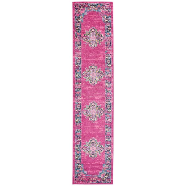 Homeroots 2 x 10 ft. Fuchsia & Blue Distressed Runner Rug - 385258