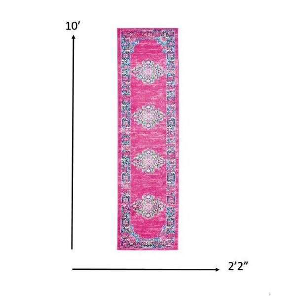 Homeroots 2 x 10 ft. Fuchsia & Blue Distressed Runner Rug - 385258