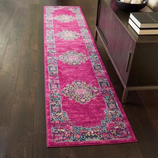 Homeroots 2 x 10 ft. Fuchsia & Blue Distressed Runner Rug - 385258