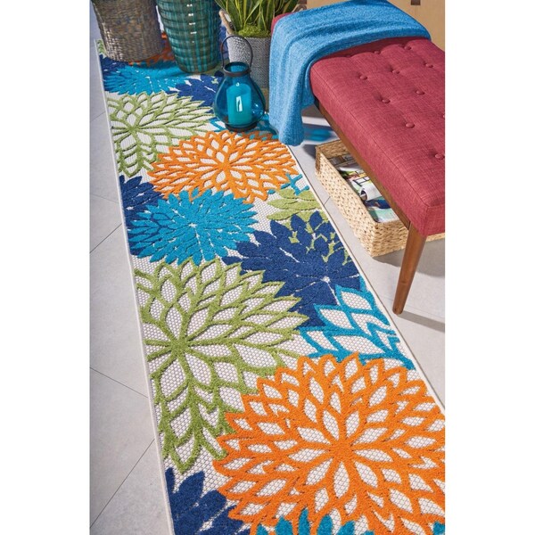 Homeroots 2 x 12 ft. Multi Color Floral Indoor & Outdoor Runner Rug - 384626