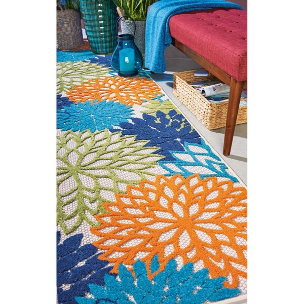 Homeroots 2 x 12 ft. Multi Color Floral Indoor & Outdoor Runner Rug - 384626