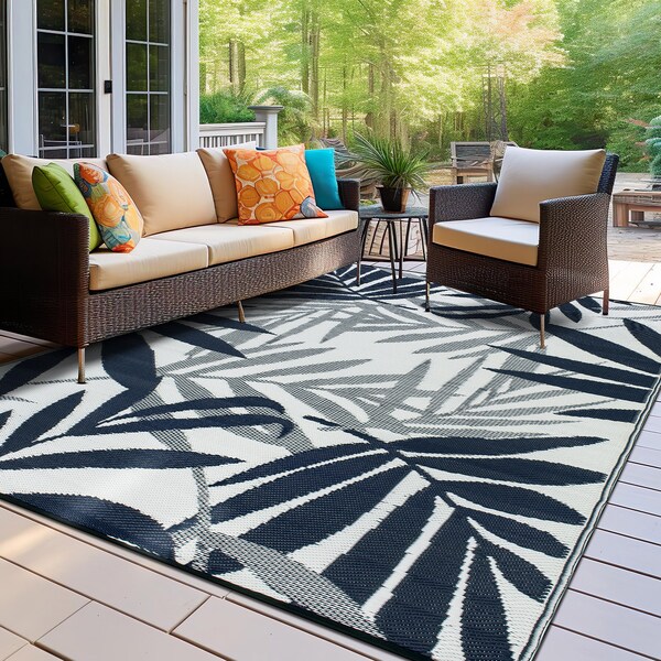 World Rug Gallery Contemporary Floral Leaves Reversible Recycled Plastic 3' X 5' Navy Outdoor Rug - 6072NAVY3X5