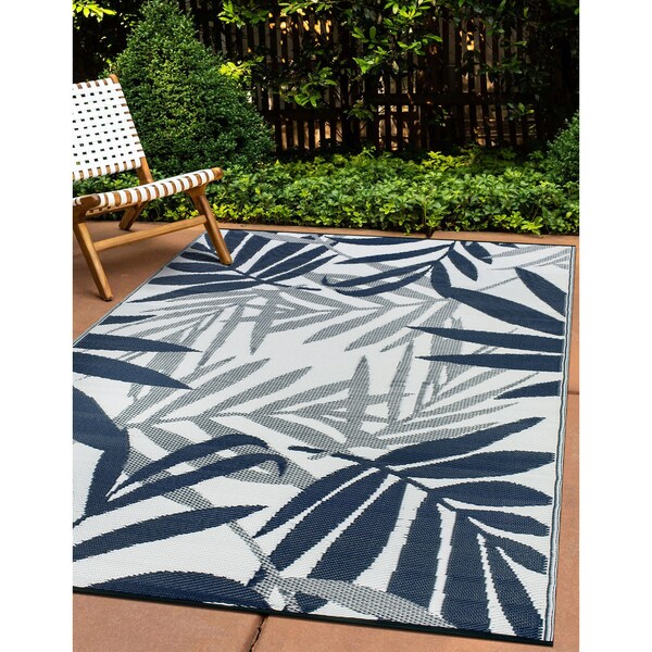 World Rug Gallery Contemporary Floral Leaves Reversible Recycled Plastic 3' X 5' Navy Outdoor Rug - 6072NAVY3X5