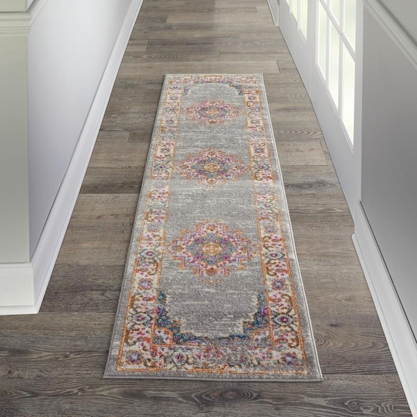 Homeroots 2 x 8 ft. Gray & Gold Medallion Runner Rug - 385316
