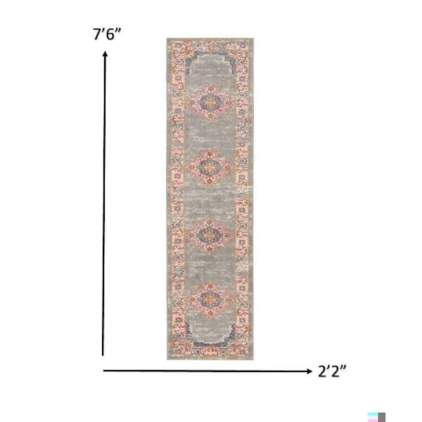 Homeroots 2 x 8 ft. Gray & Gold Medallion Runner Rug - 385316
