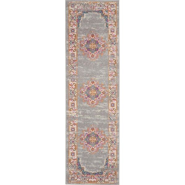 Homeroots 2 x 8 ft. Gray & Gold Medallion Runner Rug - 385316