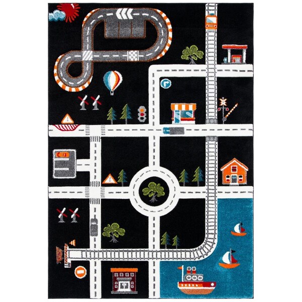Flowers First 5 ft.-3 in. x 7 ft.-6 in. Carousel Kids & Youth Rectangle Rug, Black & Ivory - FL1862489