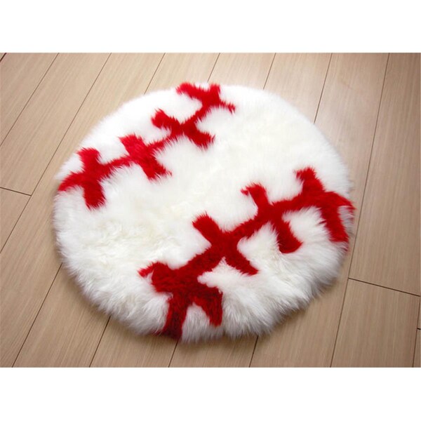 G.L. Bowron Fun Rugs Baseball Hand Crafted White-Red Round 2.5x2.5 Sheepskin - 7051-376-000