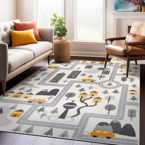 World Rug Gallery Kids Play Road Rug Interactive Cityscape for Cars and Toys Indoor Soft Area Rug 5' x 7' Cream - 3014CREAM5X7