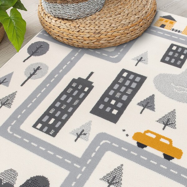 World Rug Gallery Kids Play Road Rug Interactive Cityscape for Cars and Toys Indoor Soft Area Rug 5' x 7' Cream - 3014CREAM5X7