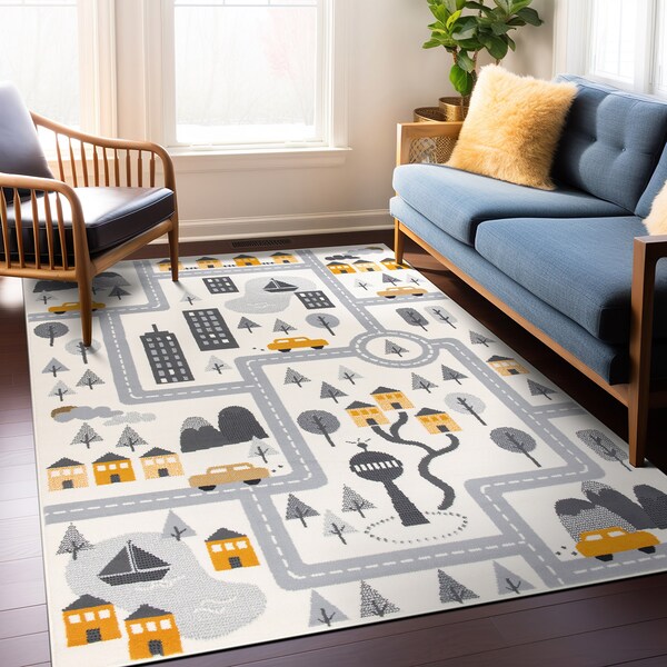 World Rug Gallery Kids Play Road Rug Interactive Cityscape for Cars and Toys Indoor Soft Area Rug 5' x 7' Cream - 3014CREAM5X7