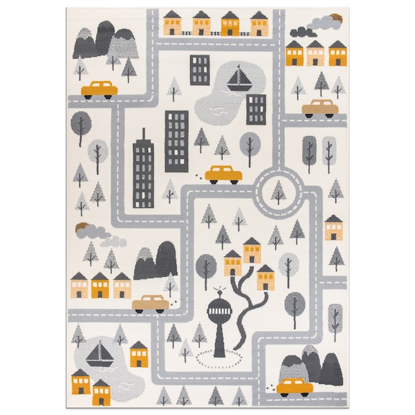 World Rug Gallery Kids Play Road Rug Interactive Cityscape for Cars and Toys Indoor Soft Area Rug 5' x 7' Cream - 3014CREAM5X7