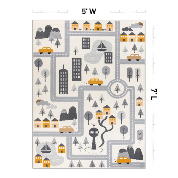World Rug Gallery Kids Play Road Rug Interactive Cityscape for Cars and Toys Indoor Soft Area Rug 5' x 7' Cream - 3014CREAM5X7