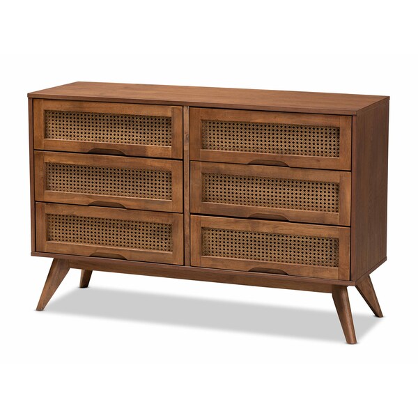 Baxton Studio Barrett Mid-Century Walnut Brown Finished Wood and Synthetic Rattan 6-Drawer Dresser - 192-11300-ZORO