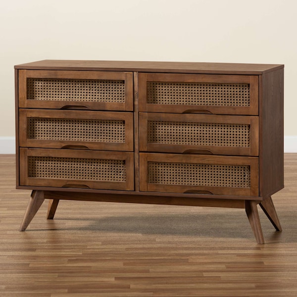 Baxton Studio Barrett Mid-Century Walnut Brown Finished Wood and Synthetic Rattan 6-Drawer Dresser - 192-11300-ZORO