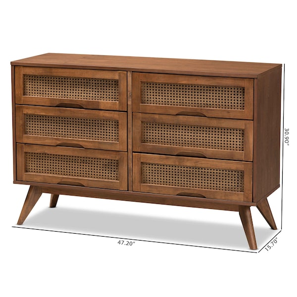 Baxton Studio Barrett Mid-Century Walnut Brown Finished Wood and Synthetic Rattan 6-Drawer Dresser - 192-11300-ZORO