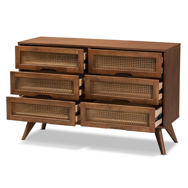 Baxton Studio Barrett Mid-Century Walnut Brown Finished Wood and Synthetic Rattan 6-Drawer Dresser - 192-11300-ZORO