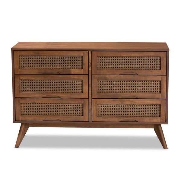 Baxton Studio Barrett Mid-Century Walnut Brown Finished Wood and Synthetic Rattan 6-Drawer Dresser - 192-11300-ZORO
