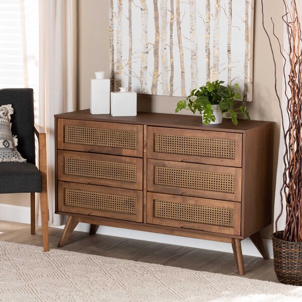 Baxton Studio Barrett Mid-Century Walnut Brown Finished Wood and Synthetic Rattan 6-Drawer Dresser - 192-11300-ZORO
