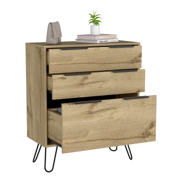Tuhome Augusta Dresser, Hairpin Legs, Three Drawers, Superior Top, Light Oak - CLD7037