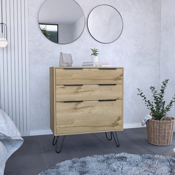 Tuhome Augusta Dresser, Hairpin Legs, Three Drawers, Superior Top, Light Oak - CLD7037