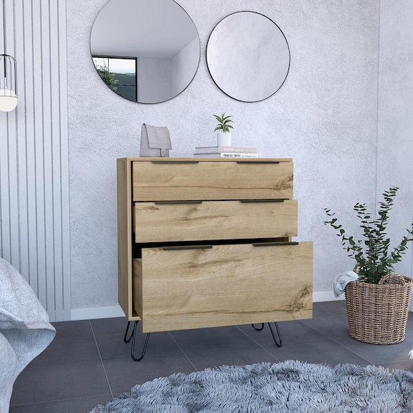 Tuhome Augusta Dresser, Hairpin Legs, Three Drawers, Superior Top, Light Oak - CLD7037