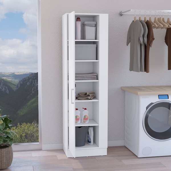 Tuhome Lilo Storage Cabinet, Broom Hangers, Internal Shelves, White - MLB8978