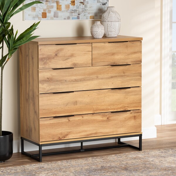 Baxton Studio Franklin Modern and Contemporary Oak Finished Wood and Black Finished Metal 5-Drawer Bedroom Chest - 180-13827-ZORO