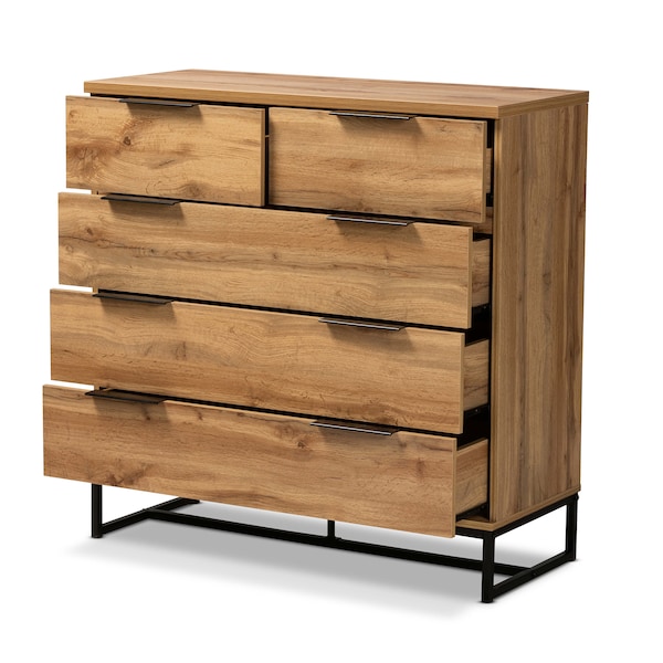 Baxton Studio Franklin Modern and Contemporary Oak Finished Wood and Black Finished Metal 5-Drawer Bedroom Chest - 180-13827-ZORO