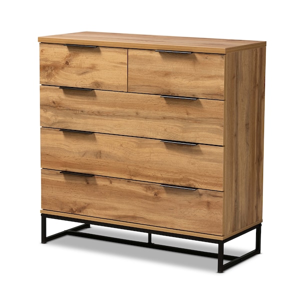 Baxton Studio Franklin Modern and Contemporary Oak Finished Wood and Black Finished Metal 5-Drawer Bedroom Chest - 180-13827-ZORO