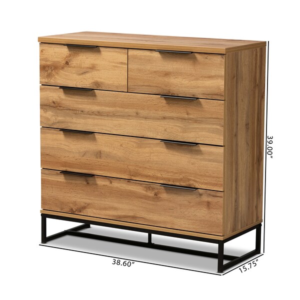 Baxton Studio Franklin Modern and Contemporary Oak Finished Wood and Black Finished Metal 5-Drawer Bedroom Chest - 180-13827-ZORO