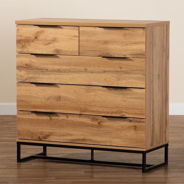Baxton Studio Franklin Modern and Contemporary Oak Finished Wood and Black Finished Metal 5-Drawer Bedroom Chest - 180-13827-ZORO