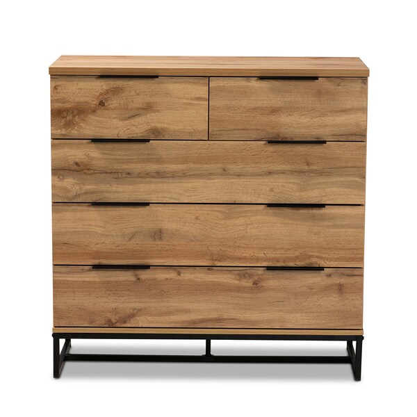 Baxton Studio Franklin Modern and Contemporary Oak Finished Wood and Black Finished Metal 5-Drawer Bedroom Chest - 180-13827-ZORO