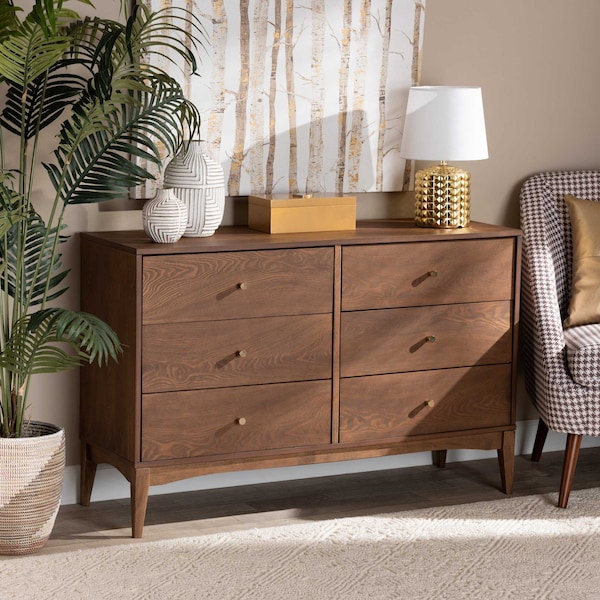 Baxton Studio Landis Mid-Century Ash Walnut Finished Wood 6-Drawer Dresser - 193-11303-ZORO